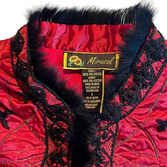 Vtg Red Satin Quilted Jacket Blk Trim L Maximalist Retro Glam Holiday Statement - Picture 6 of 12